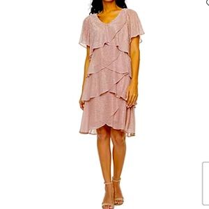 S.L.Fashions Metallic short sleeve Shift Rose dress Size 14 like new